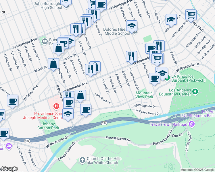 map of restaurants, bars, coffee shops, grocery stores, and more near 534 South Parish Place in Burbank