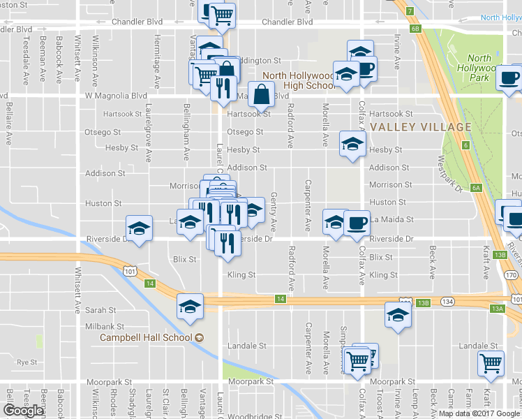 map of restaurants, bars, coffee shops, grocery stores, and more near 4852 Ben Avenue in Los Angeles