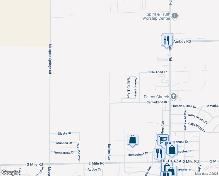 map of restaurants, bars, coffee shops, grocery stores, and more near Bullion Avenue in Twentynine Palms