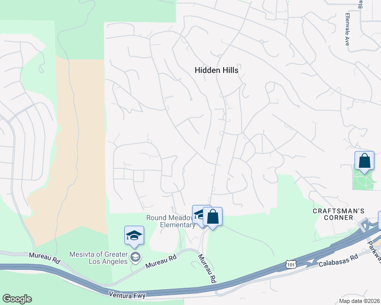 map of restaurants, bars, coffee shops, grocery stores, and more near 5376 Jed Smith Road in Hidden Hills