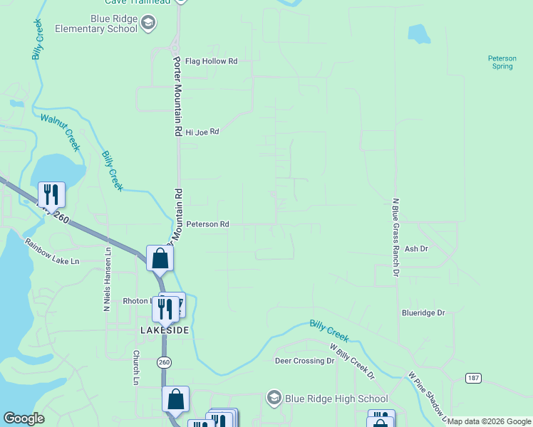 map of restaurants, bars, coffee shops, grocery stores, and more near 2122 Peterson Road in Navajo County