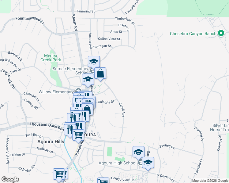 map of restaurants, bars, coffee shops, grocery stores, and more near 28902 Hollow Brook Avenue in Agoura Hills