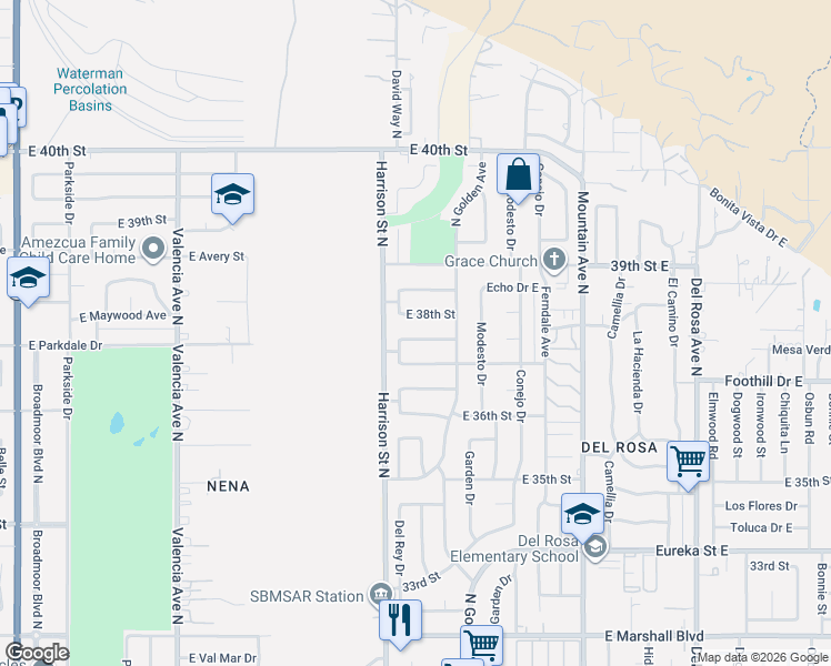 map of restaurants, bars, coffee shops, grocery stores, and more near 1130 Mesa Verde Avenue East in San Bernardino
