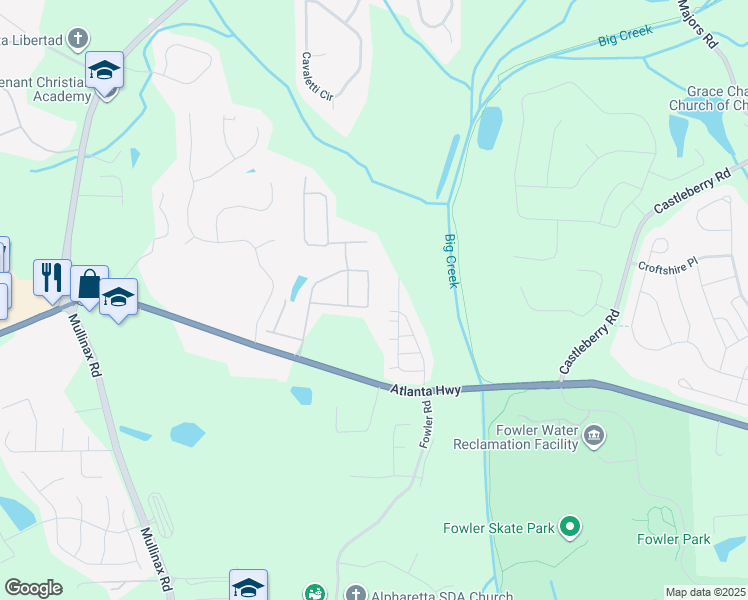 map of restaurants, bars, coffee shops, grocery stores, and more near 5030 Breezewood Circle in Alpharetta