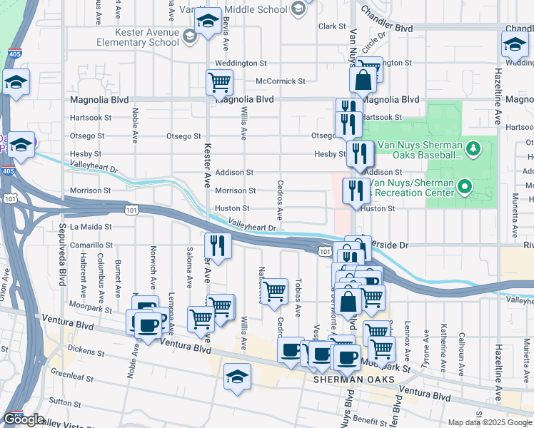 map of restaurants, bars, coffee shops, grocery stores, and more near 14703 Huston Street in Los Angeles