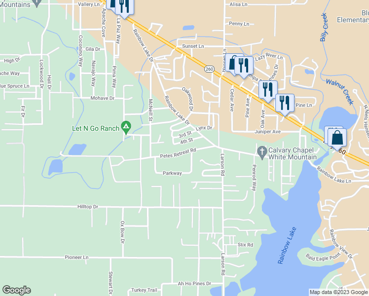 map of restaurants, bars, coffee shops, grocery stores, and more near 3486 Petes Retreat Road in Navajo County
