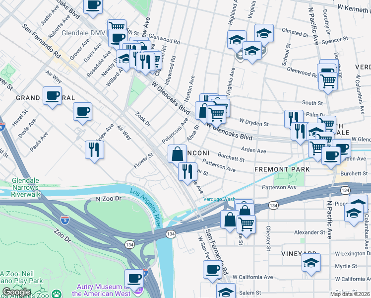 map of restaurants, bars, coffee shops, grocery stores, and more near 916 Burchett Street in Glendale
