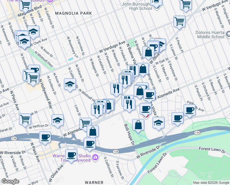 map of restaurants, bars, coffee shops, grocery stores, and more near 226 North Catalina Street in Burbank