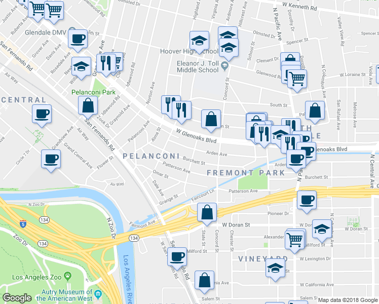 map of restaurants, bars, coffee shops, grocery stores, and more near 804 Arden Avenue in Glendale