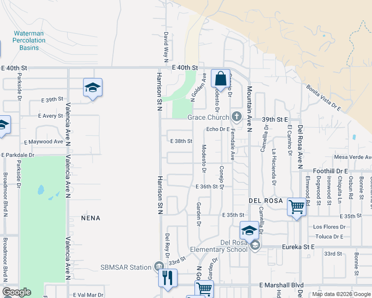 map of restaurants, bars, coffee shops, grocery stores, and more near 1182 East Mesa Verde Avenue in San Bernardino