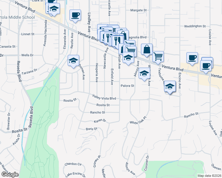map of restaurants, bars, coffee shops, grocery stores, and more near 4921 Enfield Avenue in Los Angeles