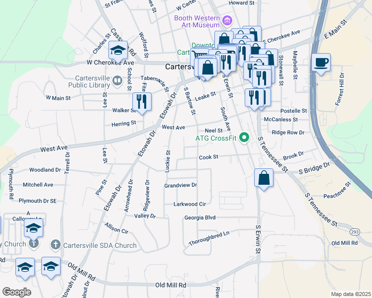 map of restaurants, bars, coffee shops, grocery stores, and more near 12 Oak Street in Cartersville