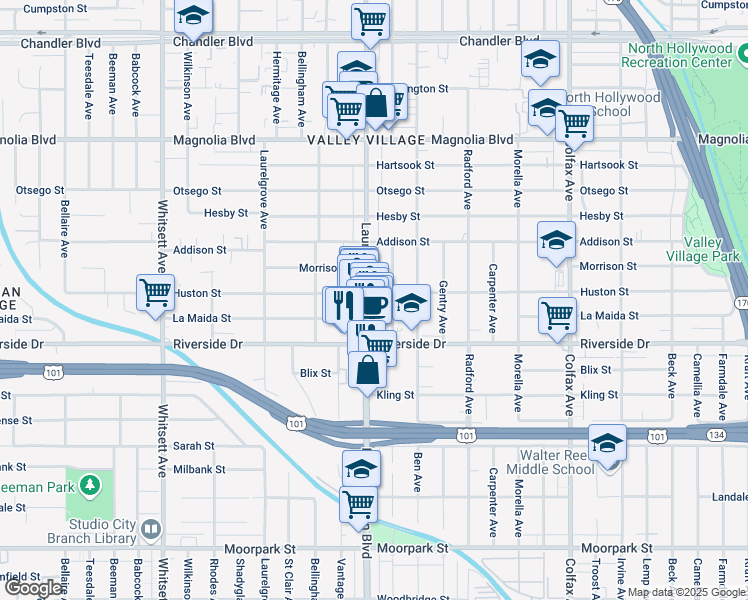 map of restaurants, bars, coffee shops, grocery stores, and more near 4904 Laurel Canyon Boulevard in Los Angeles