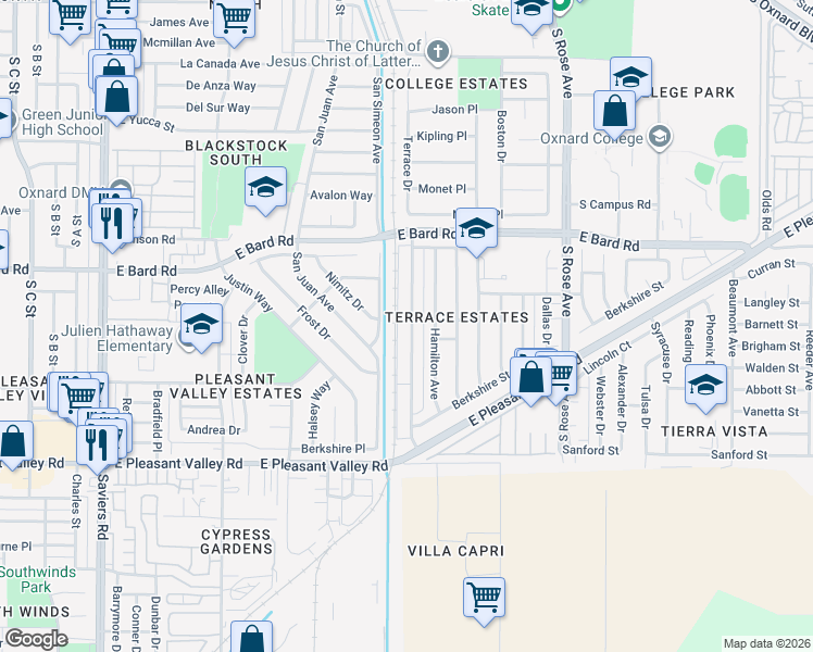 map of restaurants, bars, coffee shops, grocery stores, and more near 4431 Terrace Avenue in Oxnard