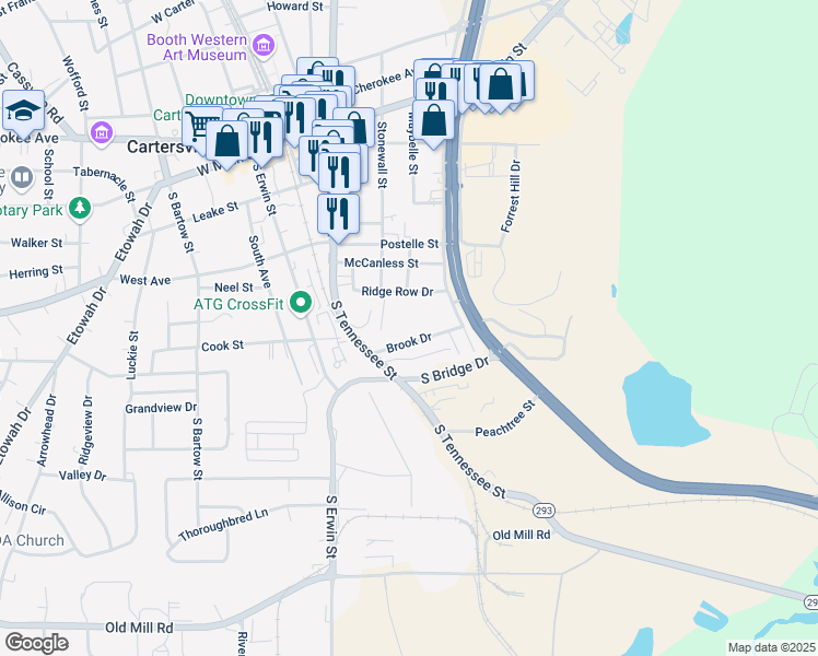 map of restaurants, bars, coffee shops, grocery stores, and more near 47 Brook Drive in Cartersville