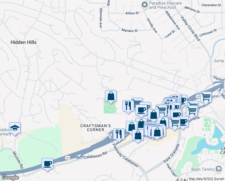 map of restaurants, bars, coffee shops, grocery stores, and more near 24050 Hidden Ridge Road in Hidden Hills