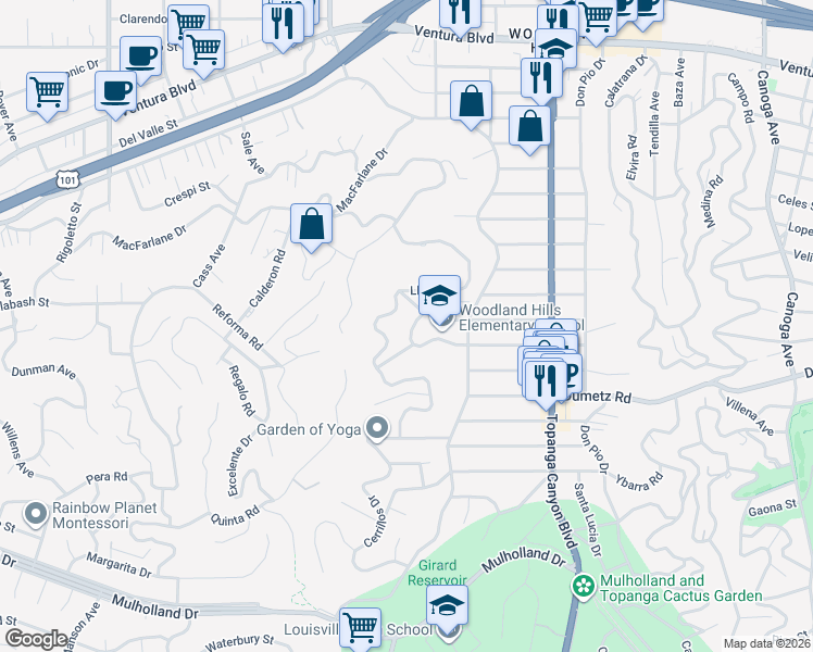 map of restaurants, bars, coffee shops, grocery stores, and more near 22247 De La Osa Street in Los Angeles