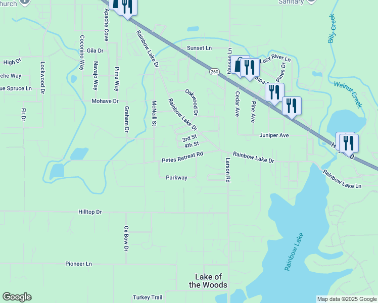 map of restaurants, bars, coffee shops, grocery stores, and more near 3486 Petes Retreat Road in Navajo County