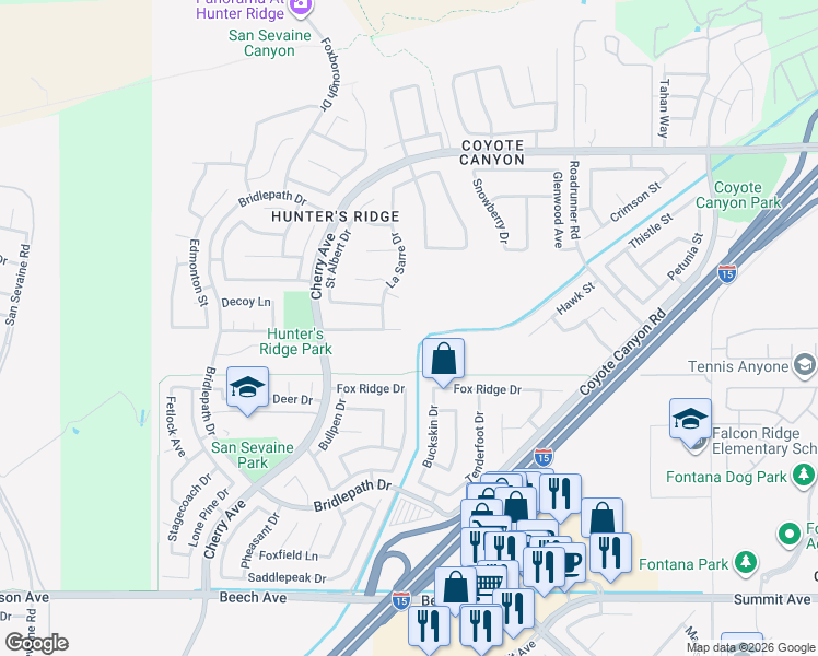 map of restaurants, bars, coffee shops, grocery stores, and more near 14944 Hillstone Avenue in Fontana