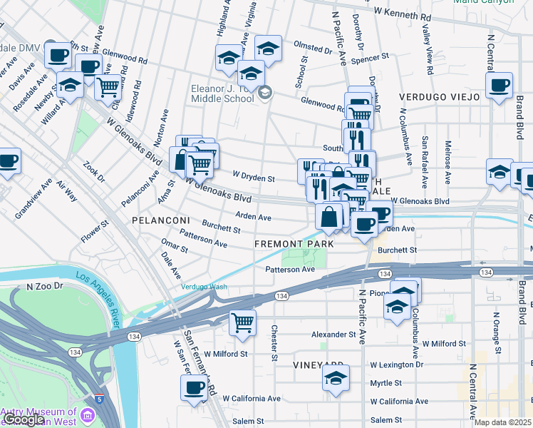 map of restaurants, bars, coffee shops, grocery stores, and more near 684 West Glenoaks Boulevard in Glendale