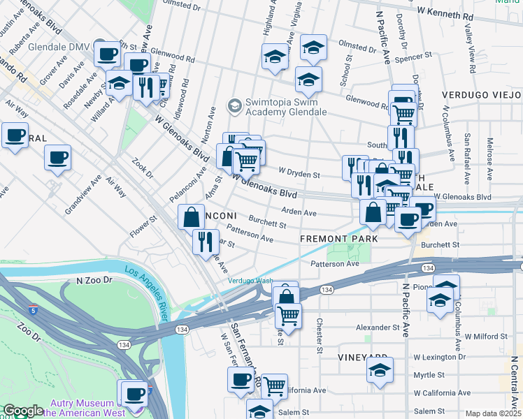 map of restaurants, bars, coffee shops, grocery stores, and more near 809 Arden Avenue in Glendale