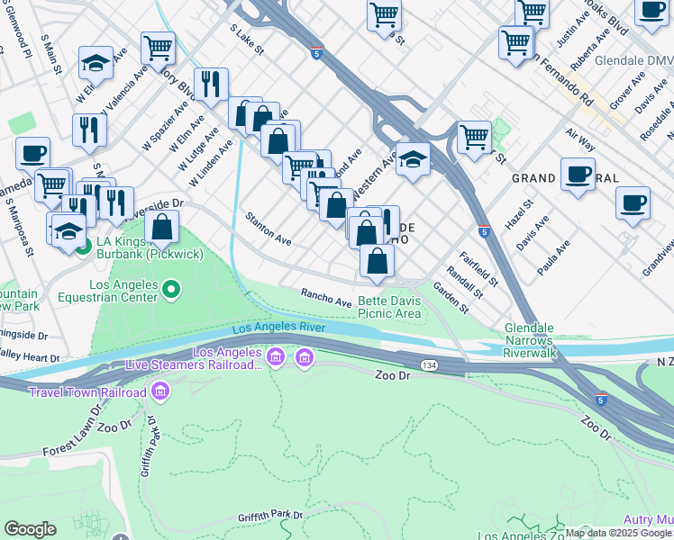 map of restaurants, bars, coffee shops, grocery stores, and more near 215 Winchester Avenue in Glendale