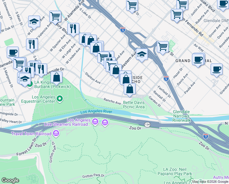 map of restaurants, bars, coffee shops, grocery stores, and more near 215 Winchester Avenue in Glendale