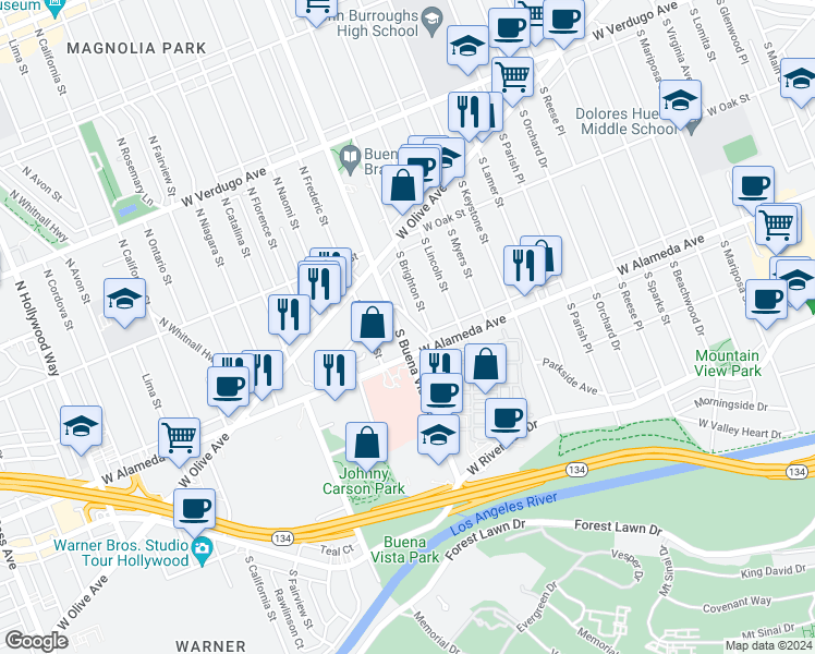 map of restaurants, bars, coffee shops, grocery stores, and more near 236 South Brighton Street in Burbank