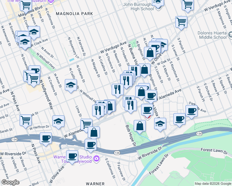 map of restaurants, bars, coffee shops, grocery stores, and more near 226 North Catalina Street in Burbank