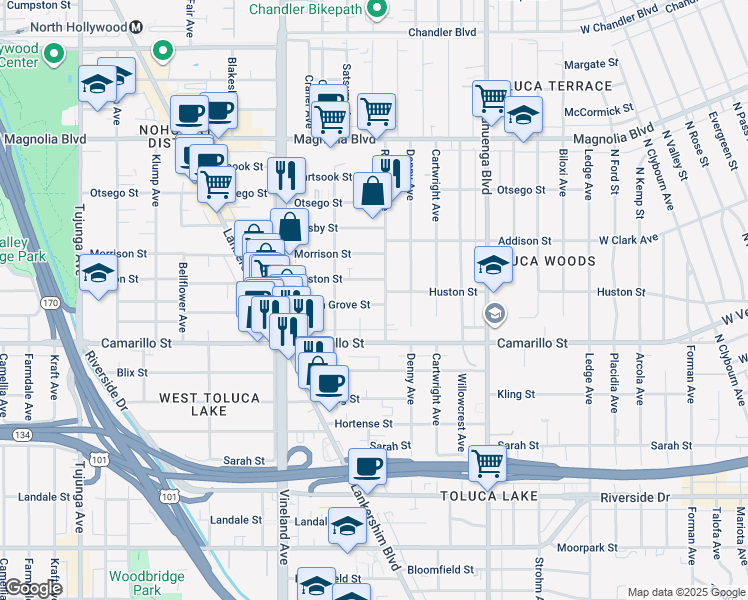 map of restaurants, bars, coffee shops, grocery stores, and more near 10818 Huston Street in Los Angeles
