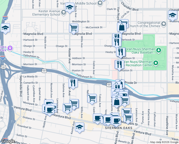 map of restaurants, bars, coffee shops, grocery stores, and more near 14703 Huston Street in Los Angeles