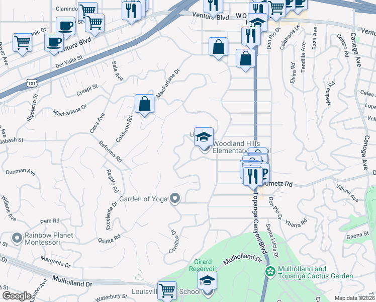 map of restaurants, bars, coffee shops, grocery stores, and more near 22235 De La Osa Street in Los Angeles