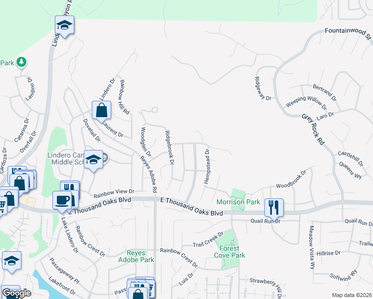 map of restaurants, bars, coffee shops, grocery stores, and more near 8585 Green Meadow Drive in Agoura Hills