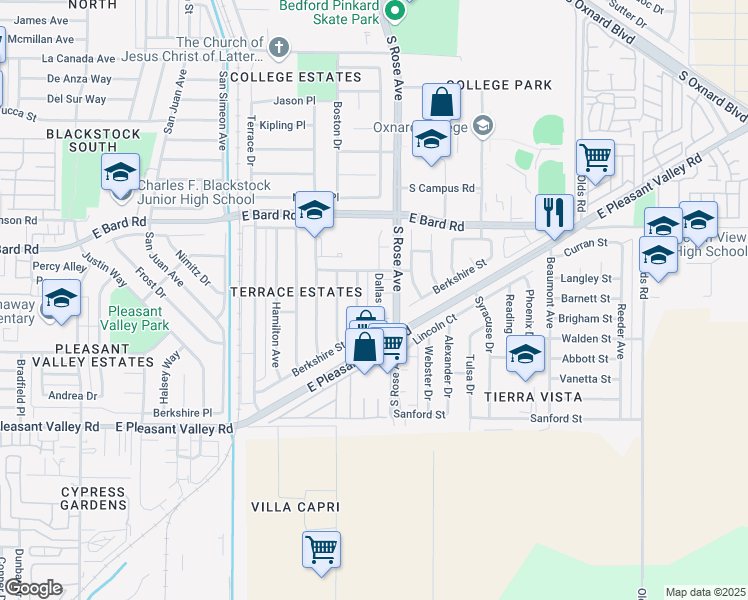 map of restaurants, bars, coffee shops, grocery stores, and more near in Oxnard