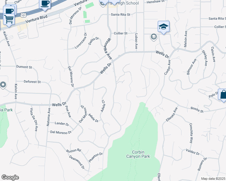 map of restaurants, bars, coffee shops, grocery stores, and more near 4865 Winnetka Avenue in Los Angeles