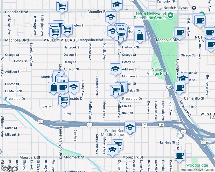 map of restaurants, bars, coffee shops, grocery stores, and more near 11739 Huston Street in Los Angeles