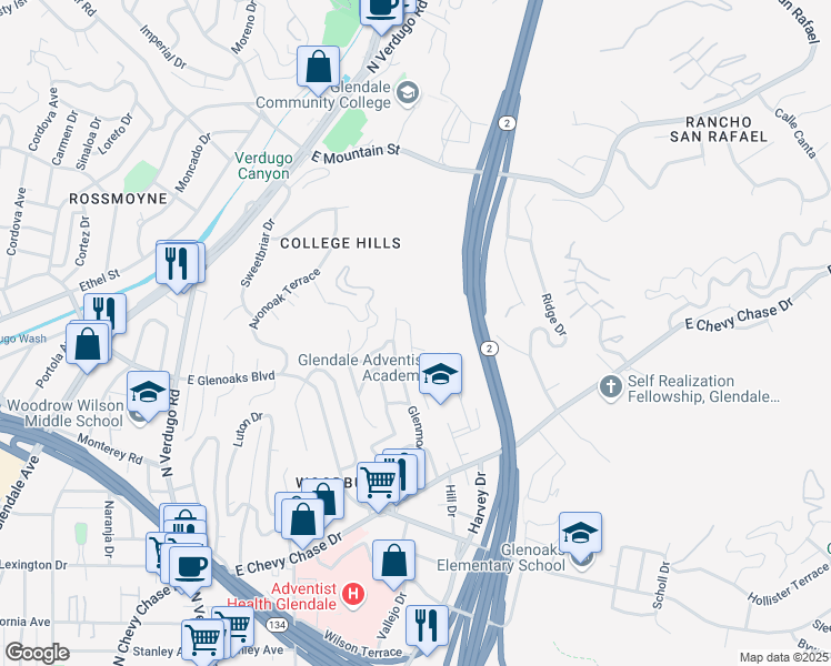 map of restaurants, bars, coffee shops, grocery stores, and more near 740 Fay Drive in Glendale