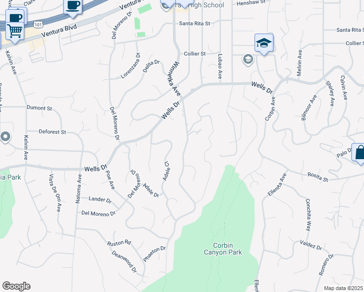 map of restaurants, bars, coffee shops, grocery stores, and more near 4865 Winnetka Avenue in Los Angeles