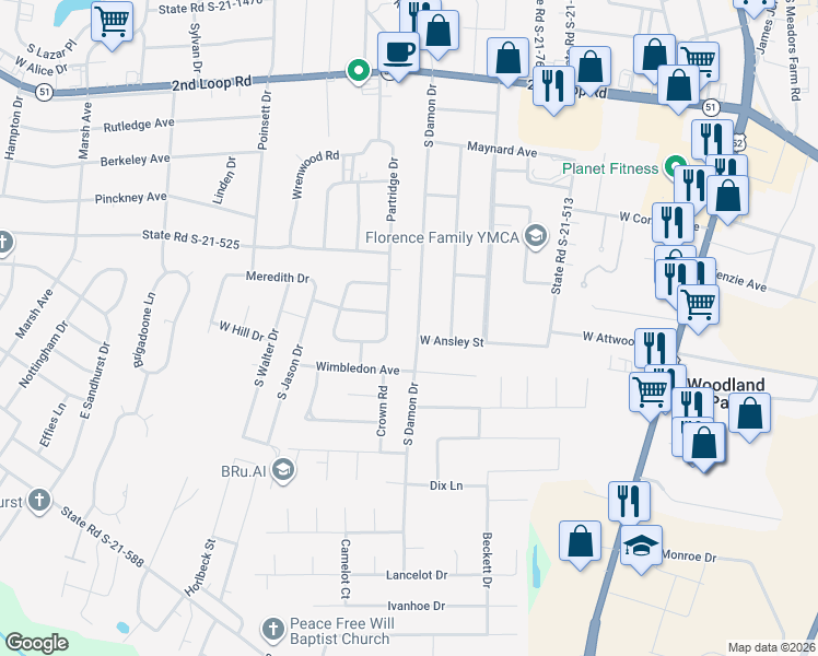 map of restaurants, bars, coffee shops, grocery stores, and more near 1821 South Damon Drive in Florence