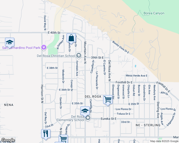 map of restaurants, bars, coffee shops, grocery stores, and more near 1425 East Yucca Drive in San Bernardino