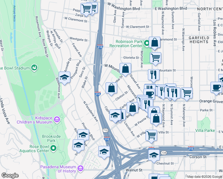 map of restaurants, bars, coffee shops, grocery stores, and more near 340 Barthe Drive in Pasadena