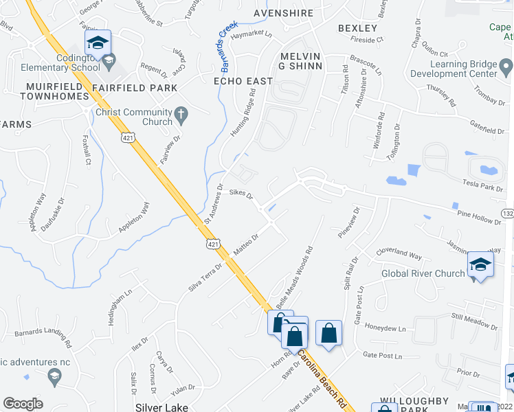 map of restaurants, bars, coffee shops, grocery stores, and more near Sikes Lane in Wilmington
