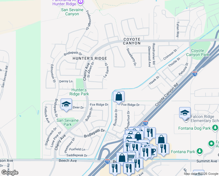 map of restaurants, bars, coffee shops, grocery stores, and more near 14948 Hillstone Avenue in Fontana