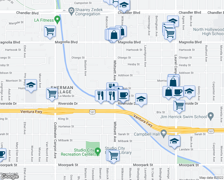 map of restaurants, bars, coffee shops, grocery stores, and more near 12500 Huston Street in Los Angeles