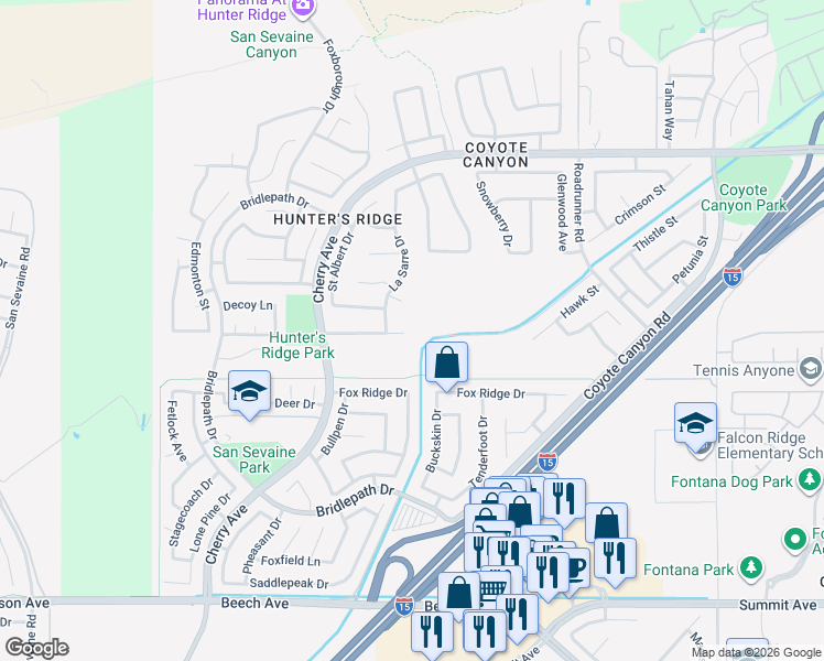 map of restaurants, bars, coffee shops, grocery stores, and more near 14944 Hillstone Avenue in Fontana