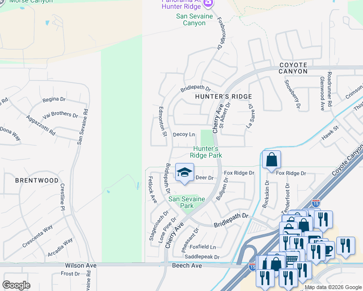 map of restaurants, bars, coffee shops, grocery stores, and more near 5213 Archery Court in Fontana