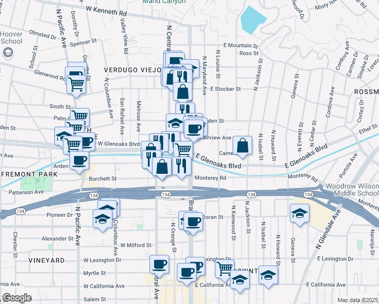map of restaurants, bars, coffee shops, grocery stores, and more near 2 West Glenoaks Boulevard in Glendale