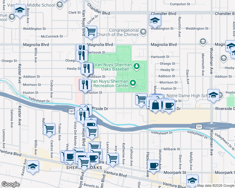 map of restaurants, bars, coffee shops, grocery stores, and more near 4856 Tyrone Avenue in Los Angeles