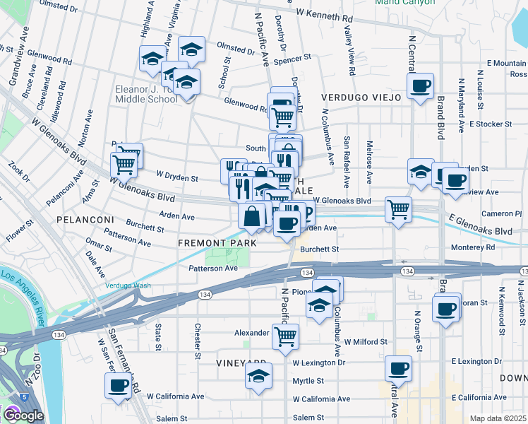 map of restaurants, bars, coffee shops, grocery stores, and more near 540 West Glenoaks Boulevard in Glendale