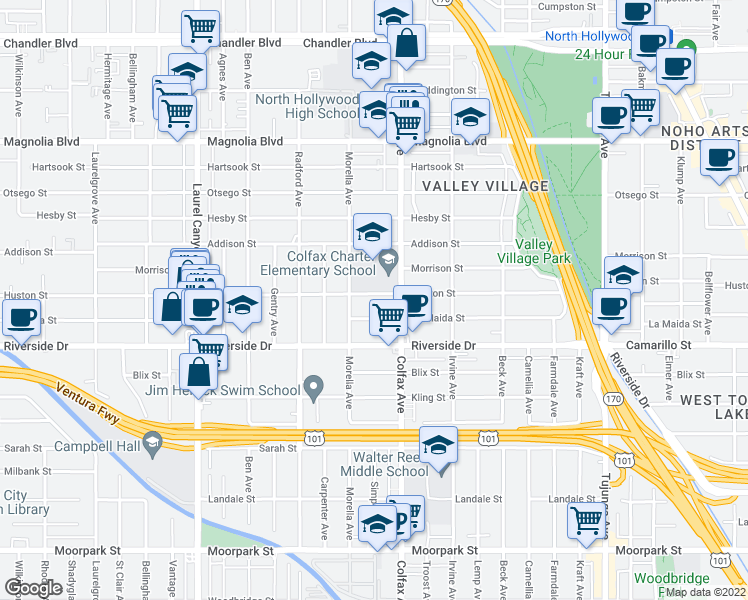 map of restaurants, bars, coffee shops, grocery stores, and more near 11734 Huston Street in Los Angeles